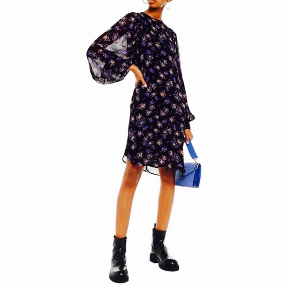 Ganni Dresses & Skirts - Ganni Black Purple Floral Georgette Mini Dress